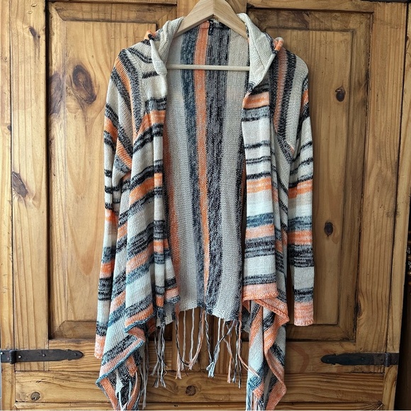 Poof Striped Knit Fringe Cardigan Sweater with Hoodie Cream Black Orange - Large - Picture 1 of 11